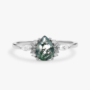 Unique Leafy Pear Shaped Moss Agate Engagement Fairy Ring - Susan