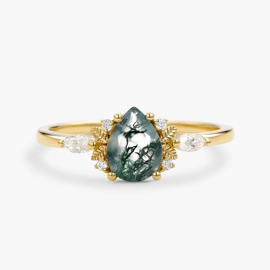 Unique Leafy Pear Shaped Moss Agate Engagement Fairy Ring - Susan