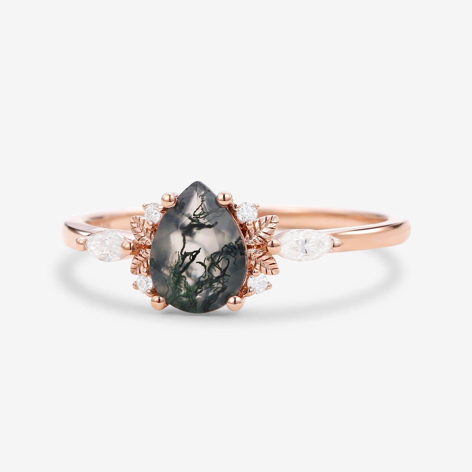 Unique Leafy Pear Shaped Moss Agate Engagement Fairy Ring - Susan