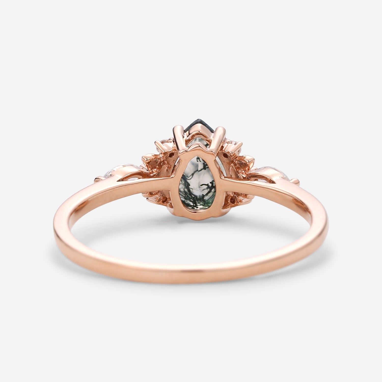 Unique Leafy Pear Shaped Moss Agate Engagement Fairy Ring - Susan
