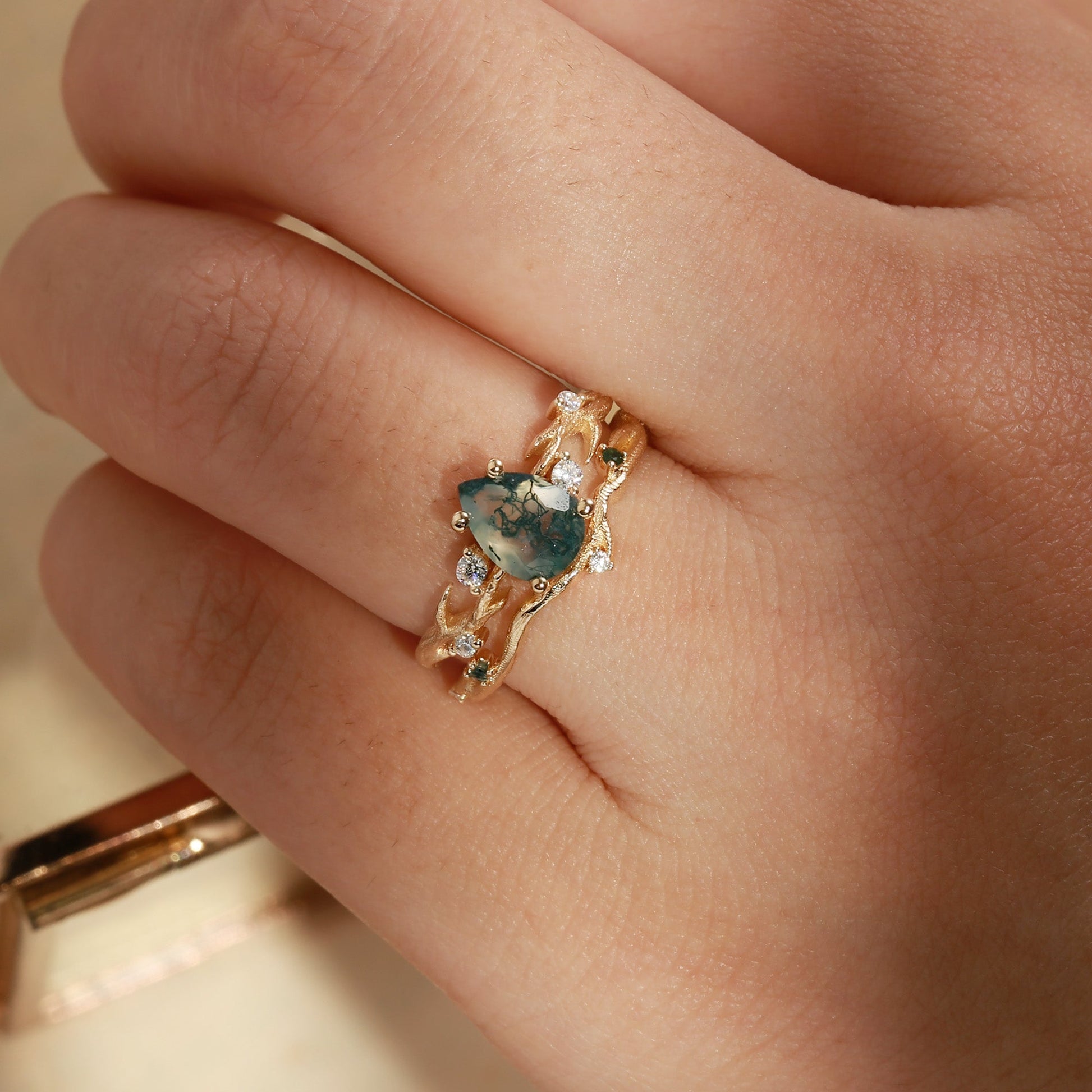 Camellia Pear Cut Moss Agate Branch Leafy Bridal Set 2pcs