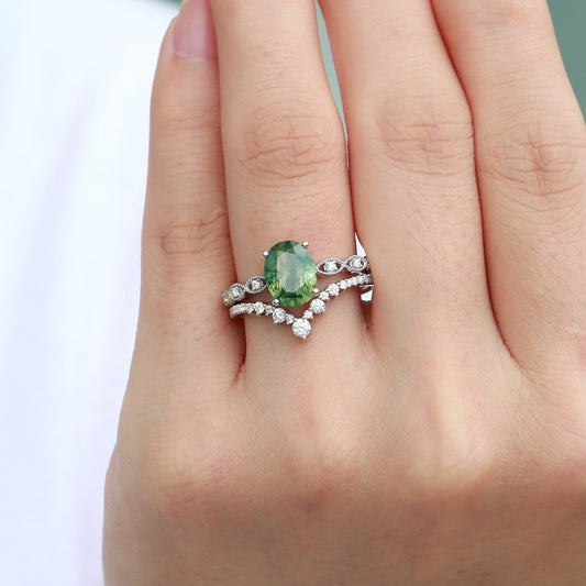 Unique Oval Moss Agate Signature Vintage Ring Set 2pcs