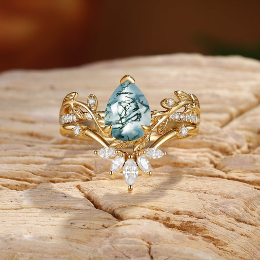 Jora Pear Cut Moss Agate Vine Inspired Leafy Bridal Set 2pcs