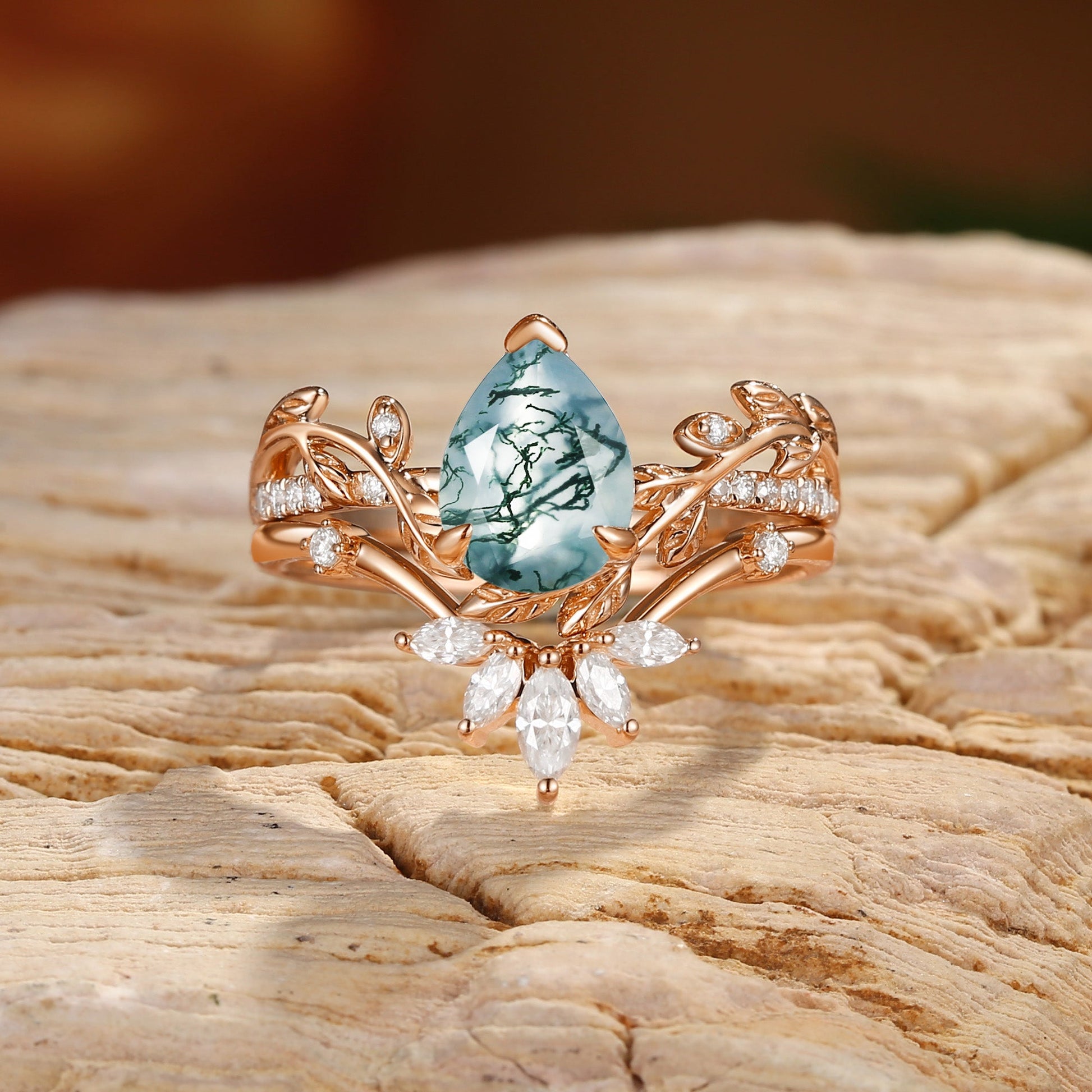 Jora Pear Cut Moss Agate Vine Inspired Leafy Bridal Set 2pcs