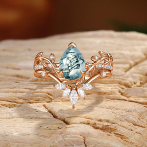 Jora Pear Cut Moss Agate Vine Inspired Leafy Bridal Set 2pcs