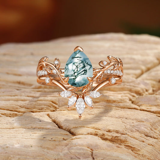 Jora Pear Cut Moss Agate Vine Inspired Leafy Bridal Set 2pcs
