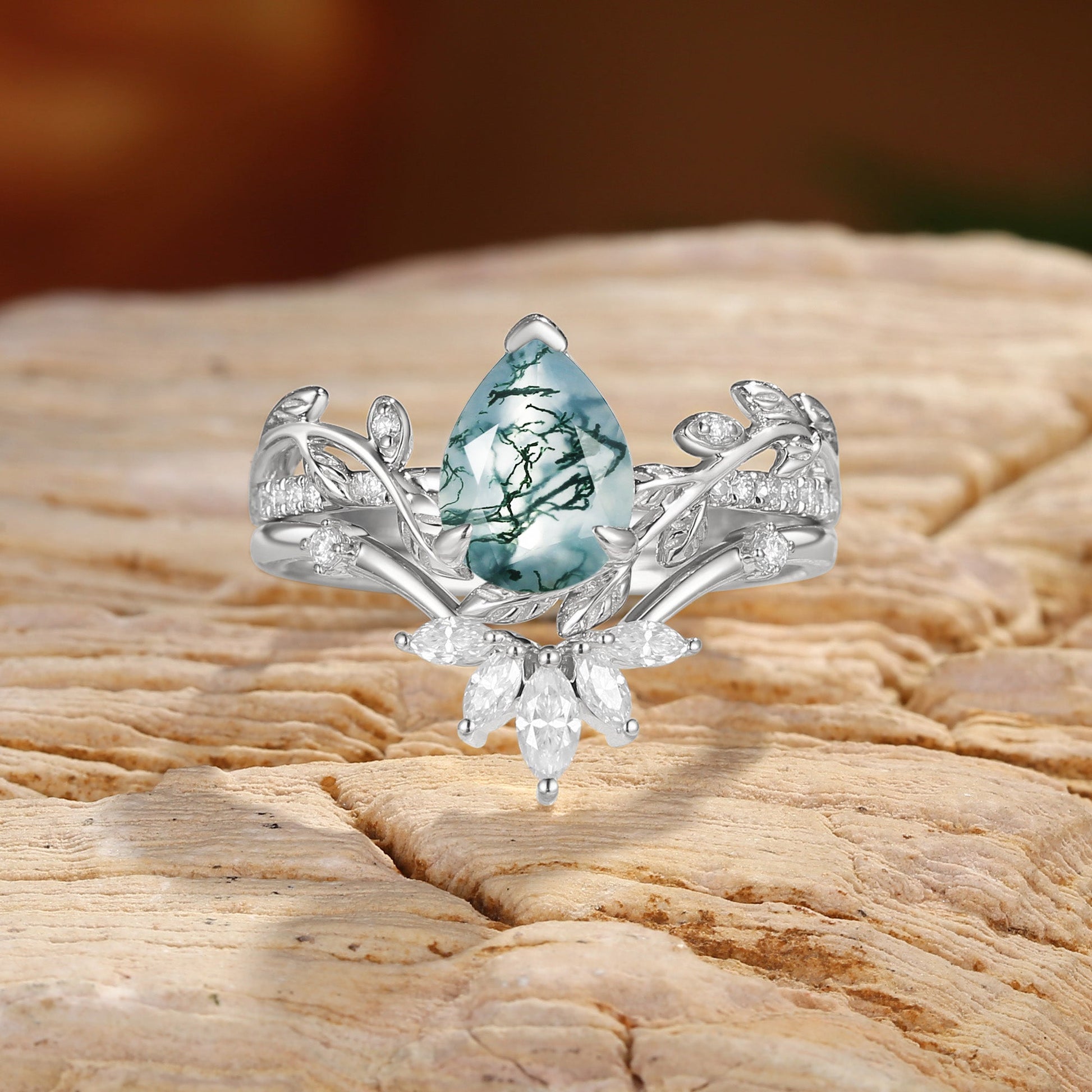 Jora Pear Cut Moss Agate Vine Inspired Leafy Bridal Set 2pcs