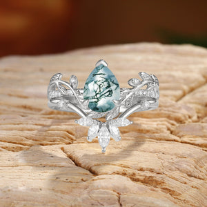 Jora Pear Cut Moss Agate Vine Inspired Leafy Bridal Set 2pcs