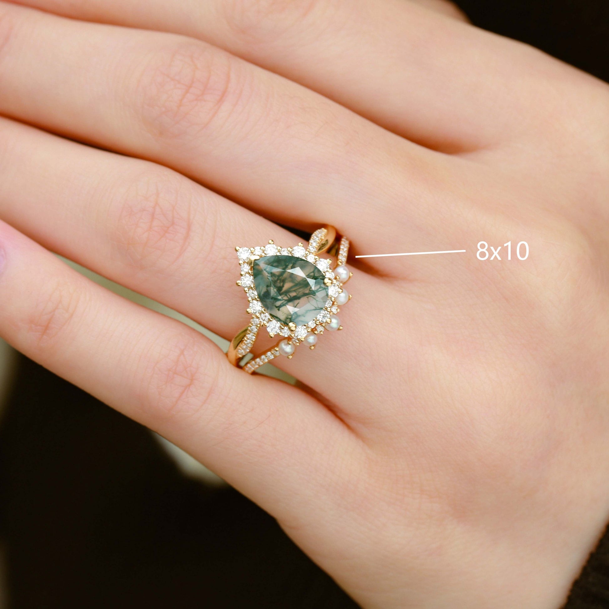 Pear Shaped Moss Agate Pearl Ring Set 2pcs