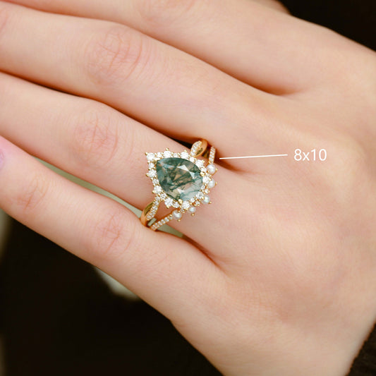 Pear Shaped Moss Agate Pearl Ring Set 2pcs
