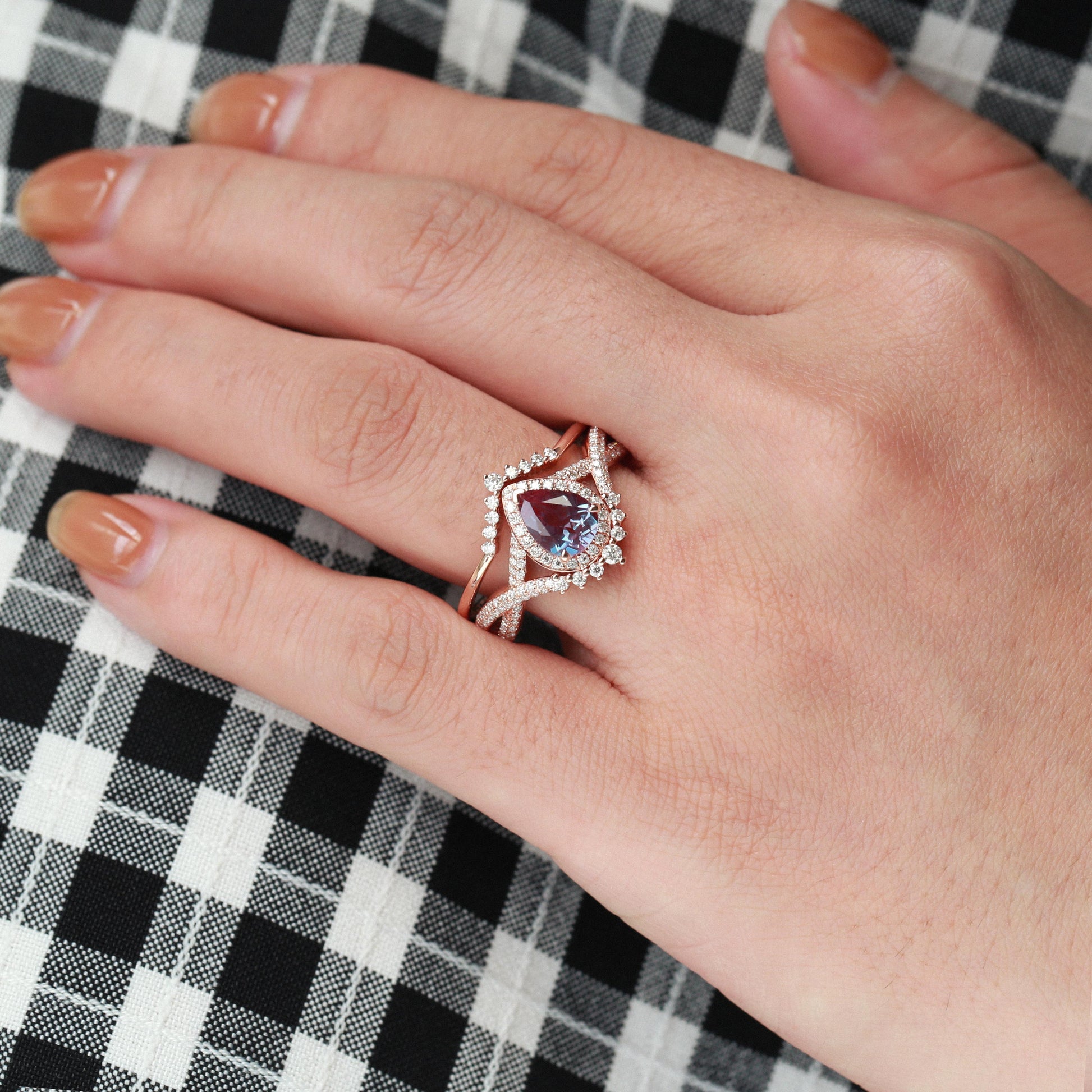 Pear Moss Agate Halo Infinity Ring Set 2pcs - Valentina