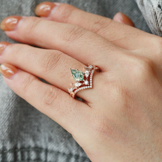 Black Gold Kite Cut Moss Agate Leafy Art-Deco Engagement Ring Set 2pcs