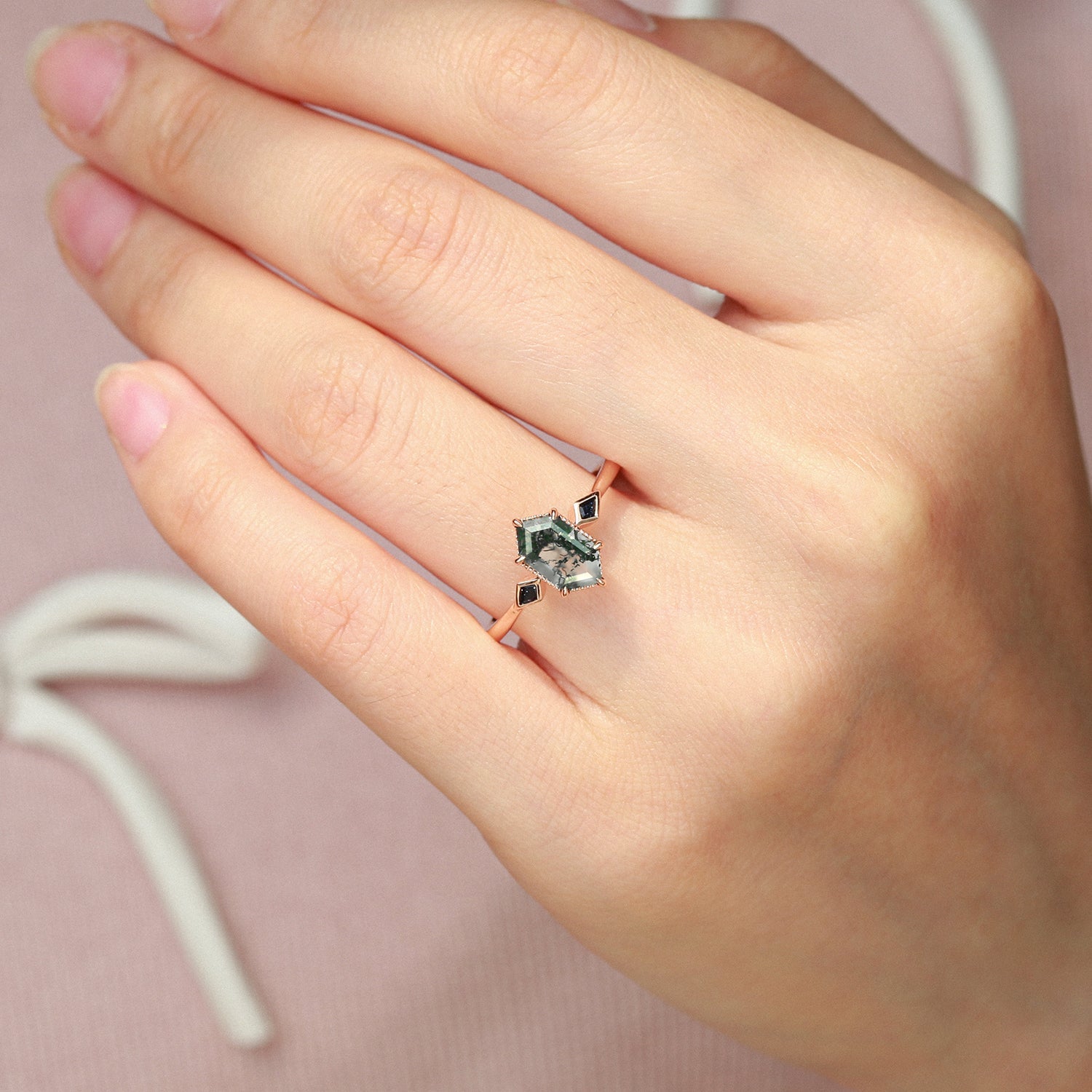 Three Stone Hexagon Moss Agate & Kite Blue Sandstone Engagement Ring