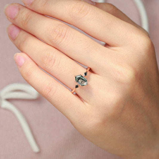 Three Stone Hexagon Moss Agate & Kite Blue Sandstone Engagement Ring
