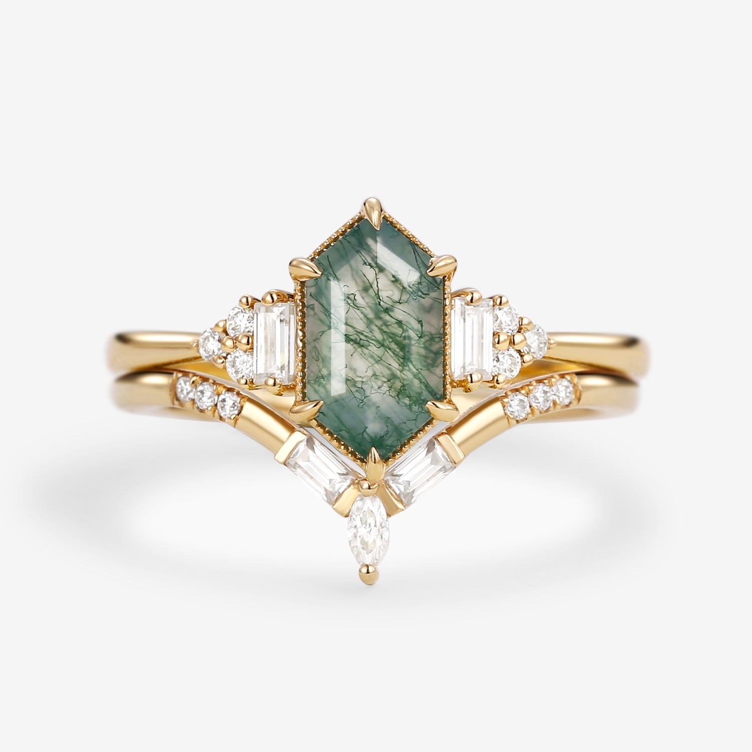 Long Hexagon Moss Agate Baguette Engagement Ring Set 2pcs