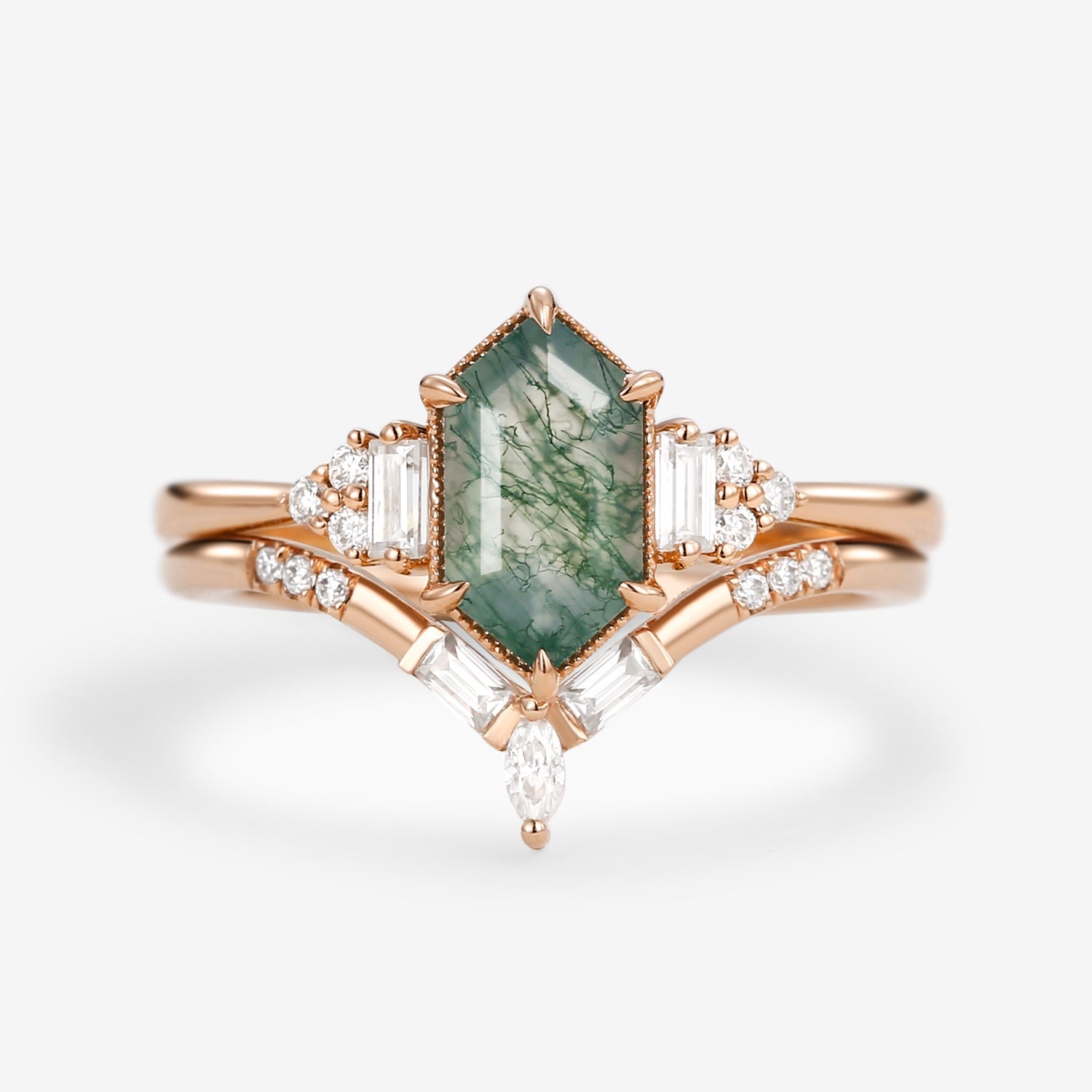 Long Hexagon Moss Agate Baguette Engagement Ring Set 2pcs
