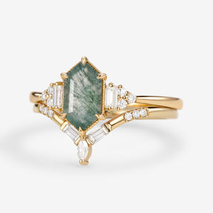 Long Hexagon Moss Agate Baguette Engagement Ring Set 2pcs
