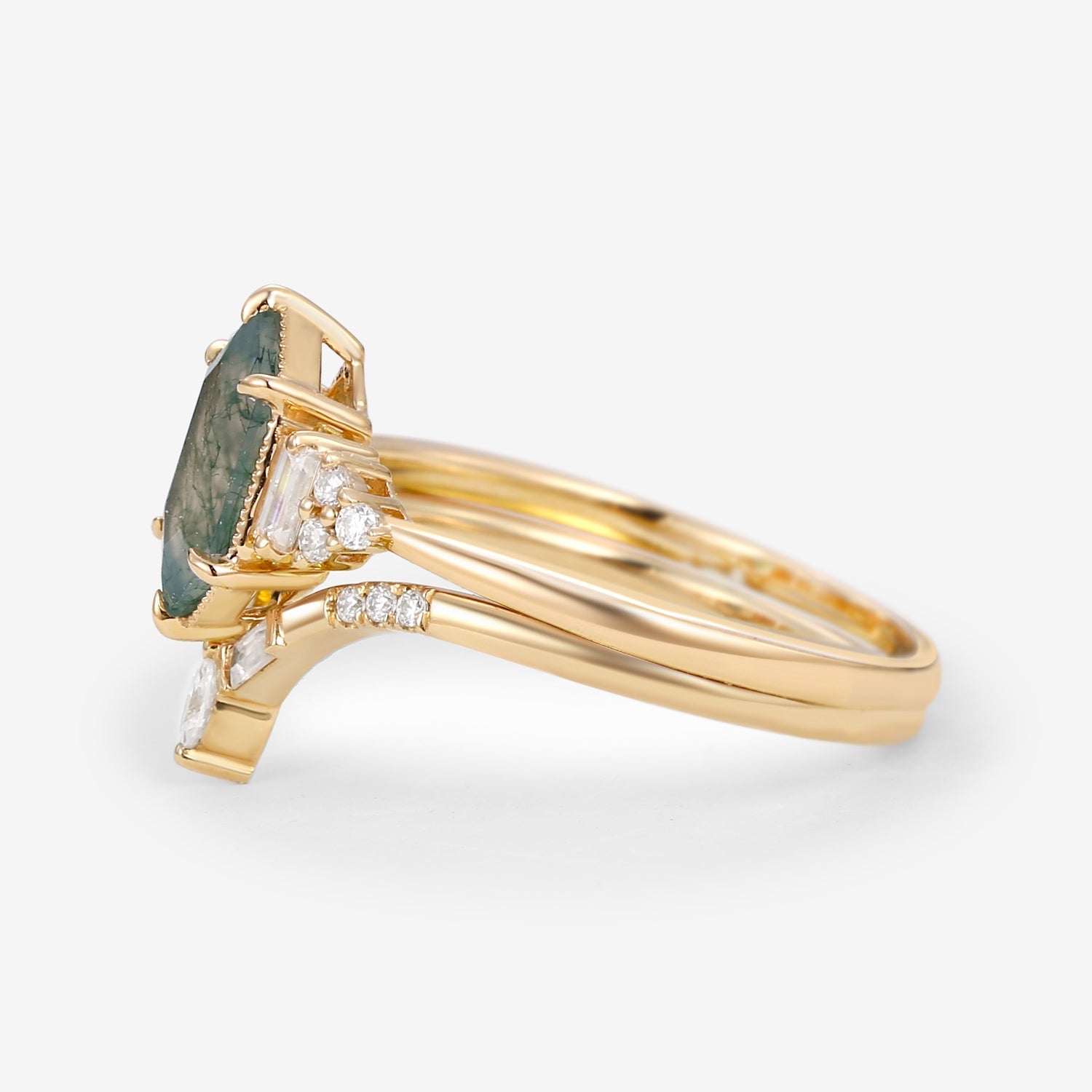 Long Hexagon Moss Agate Baguette Engagement Ring Set 2pcs
