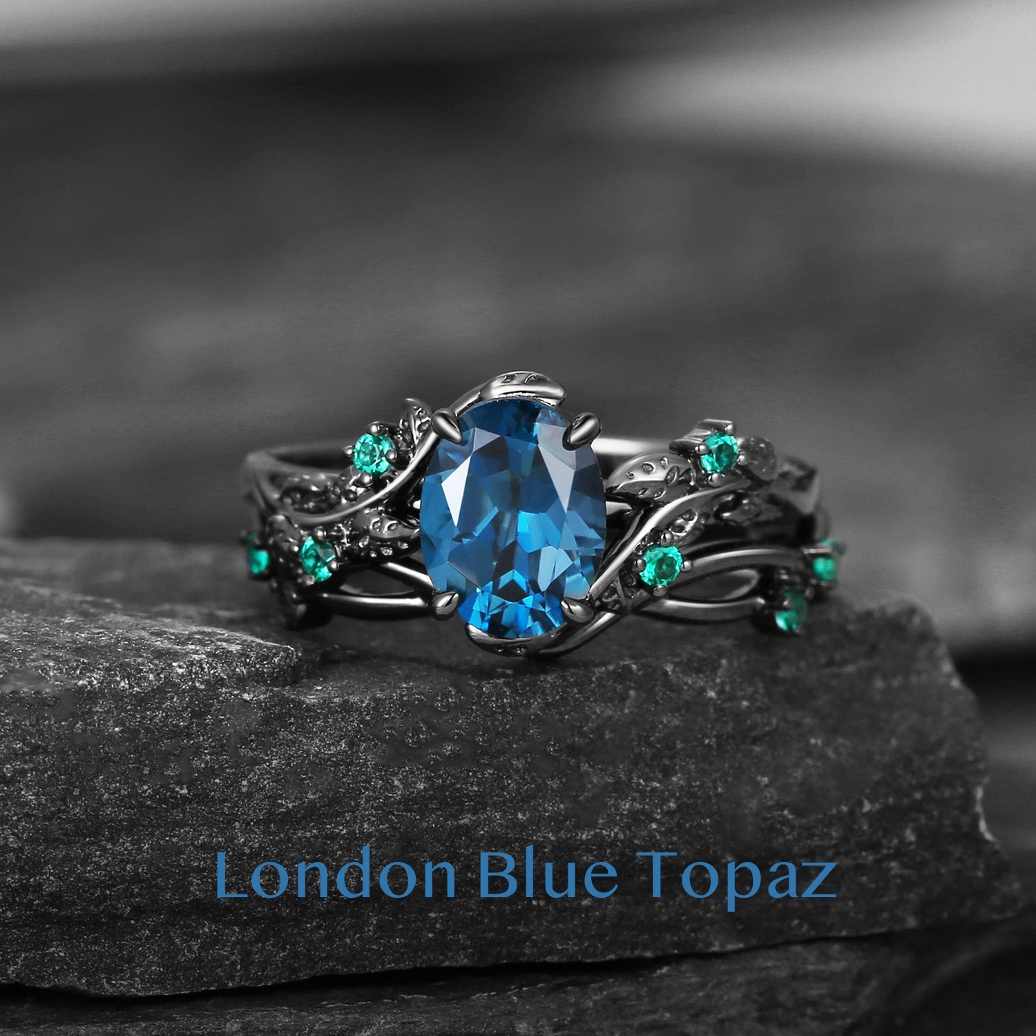 Nature Inspired - Oval Cut Moss Agate Leafy Black Gold Ring Set 2pcs - Mossy