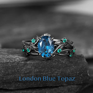Nature Inspired - Oval Cut Moss Agate Leafy Black Gold Ring Set 2pcs - Mossy