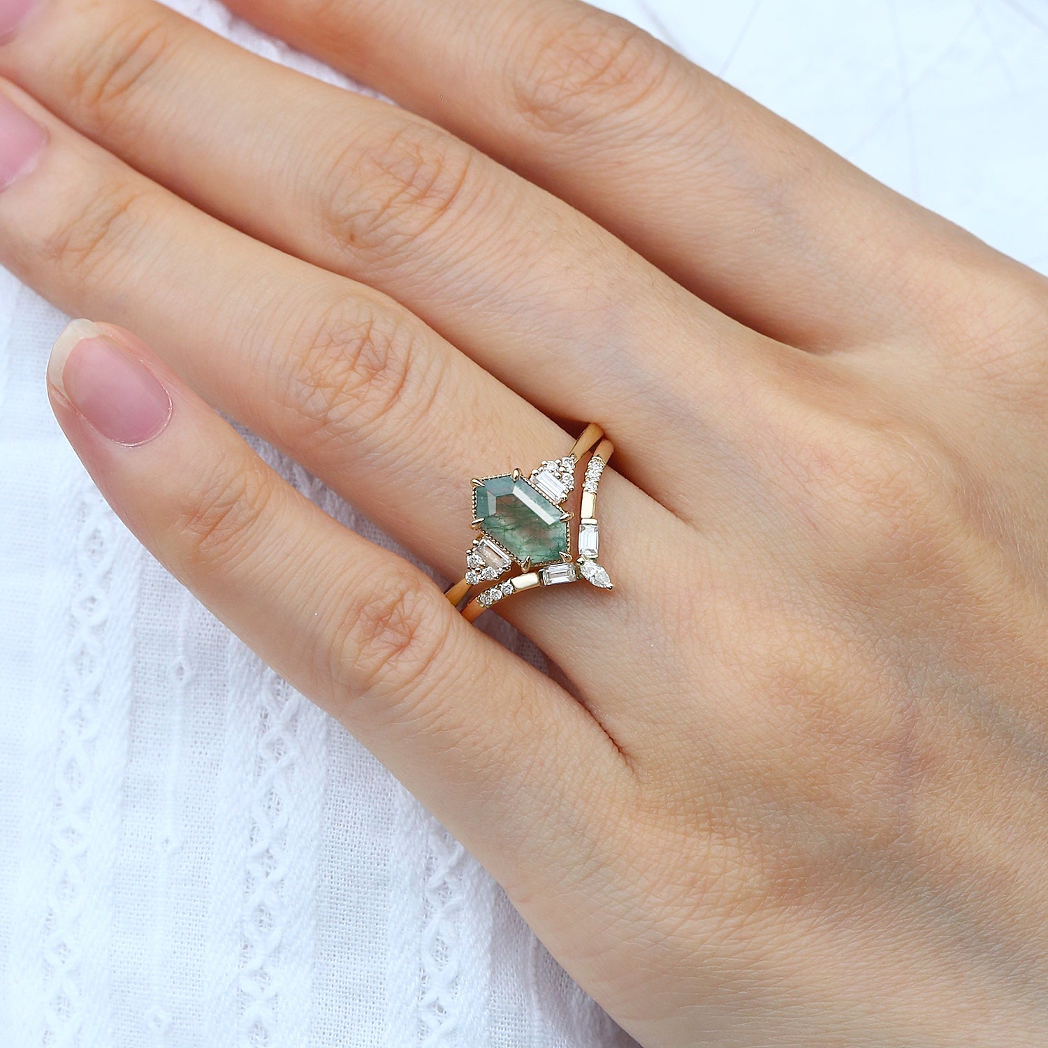 Long Hexagon Moss Agate Baguette Engagement Ring Set 2pcs