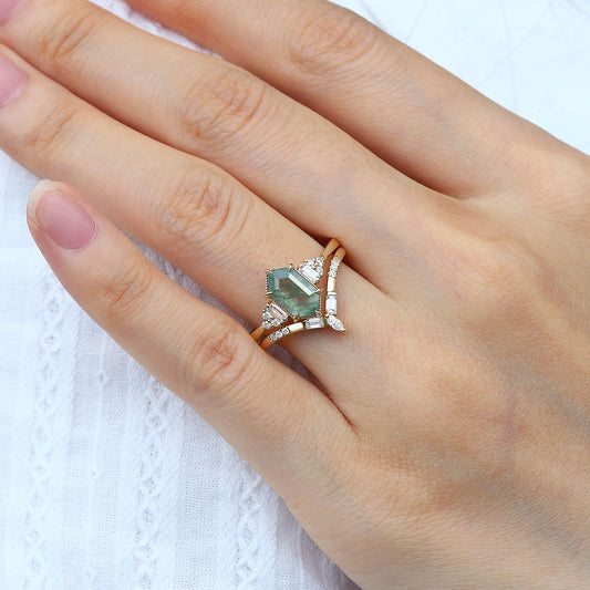 Long Hexagon Moss Agate Baguette Engagement Ring Set 2pcs