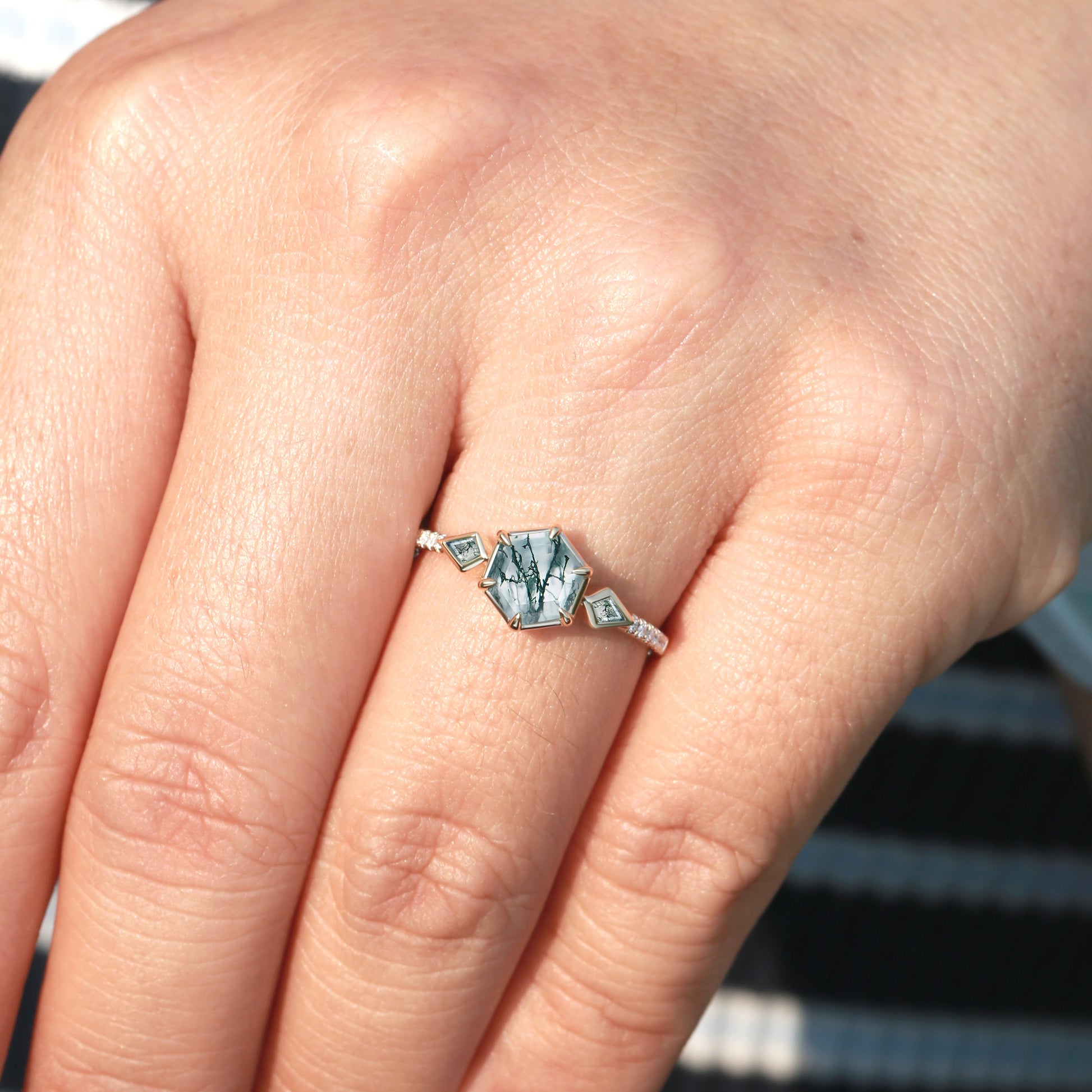 1.0ct Hexagon Moss Agate Bezel Engagement Ring