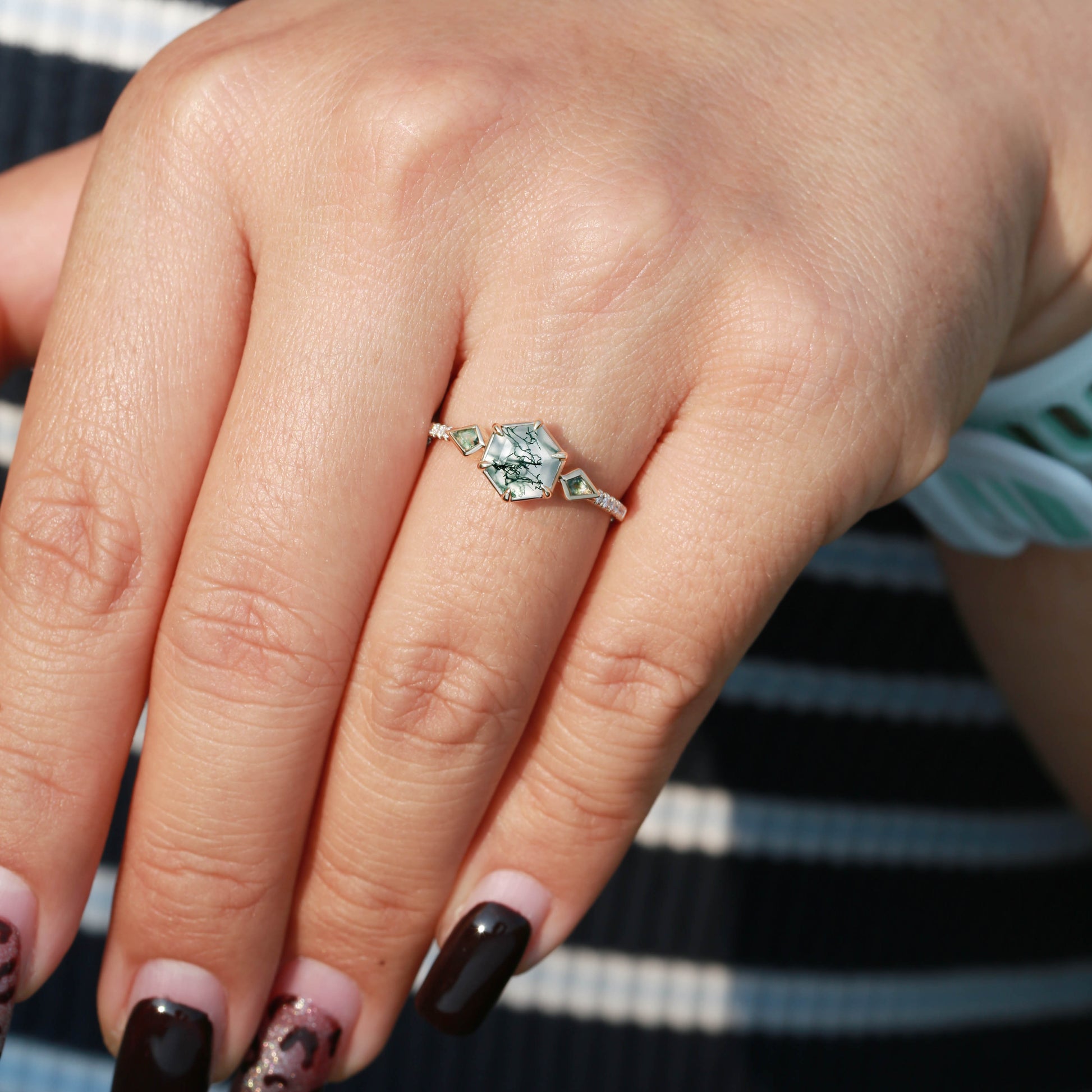 1.0ct Hexagon Moss Agate Bezel Engagement Ring