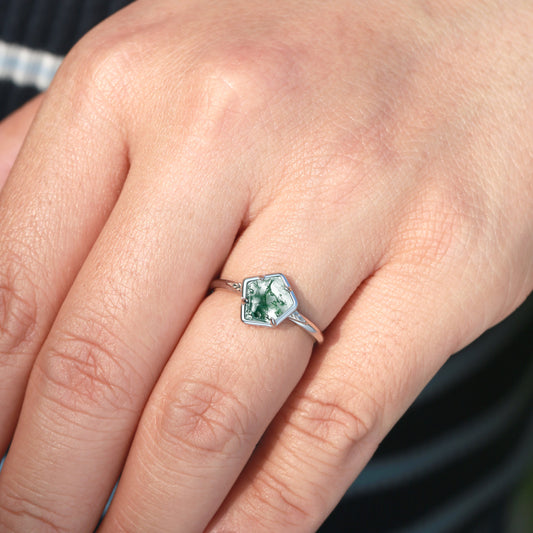 Unique Pentagon Moss Agate Leafy Bezel Engagement Ring