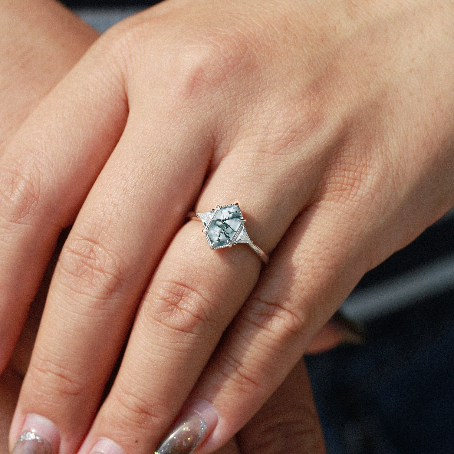 1.5ct Geometric Moss Agate Three-stone Vintage Ring