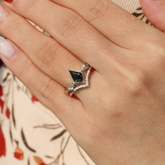 Branch Kite Cut Natural Moss Agate Minimalist Engagement Ring Sets 2pcs - Crest