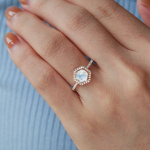 Vintage Hexagon Moonstone & Moissantie Halo Ring