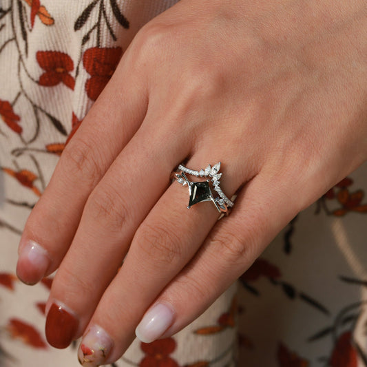 Kite Shape Branch Moss Agate Engagement Ring Sets 2pcs