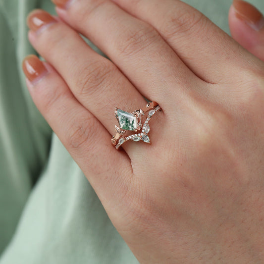 Black Gold Kite Cut Moss Agate Leafy Ring Sets 2pcs - Lark