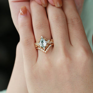 Pear Shaped Moss Agate & Pearl Engagement Ring Set 2pcs - Harper