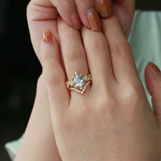 Black Gold Pear Shaped Moss Agate & Pearl Engagement Ring Set 2pcs - Harper