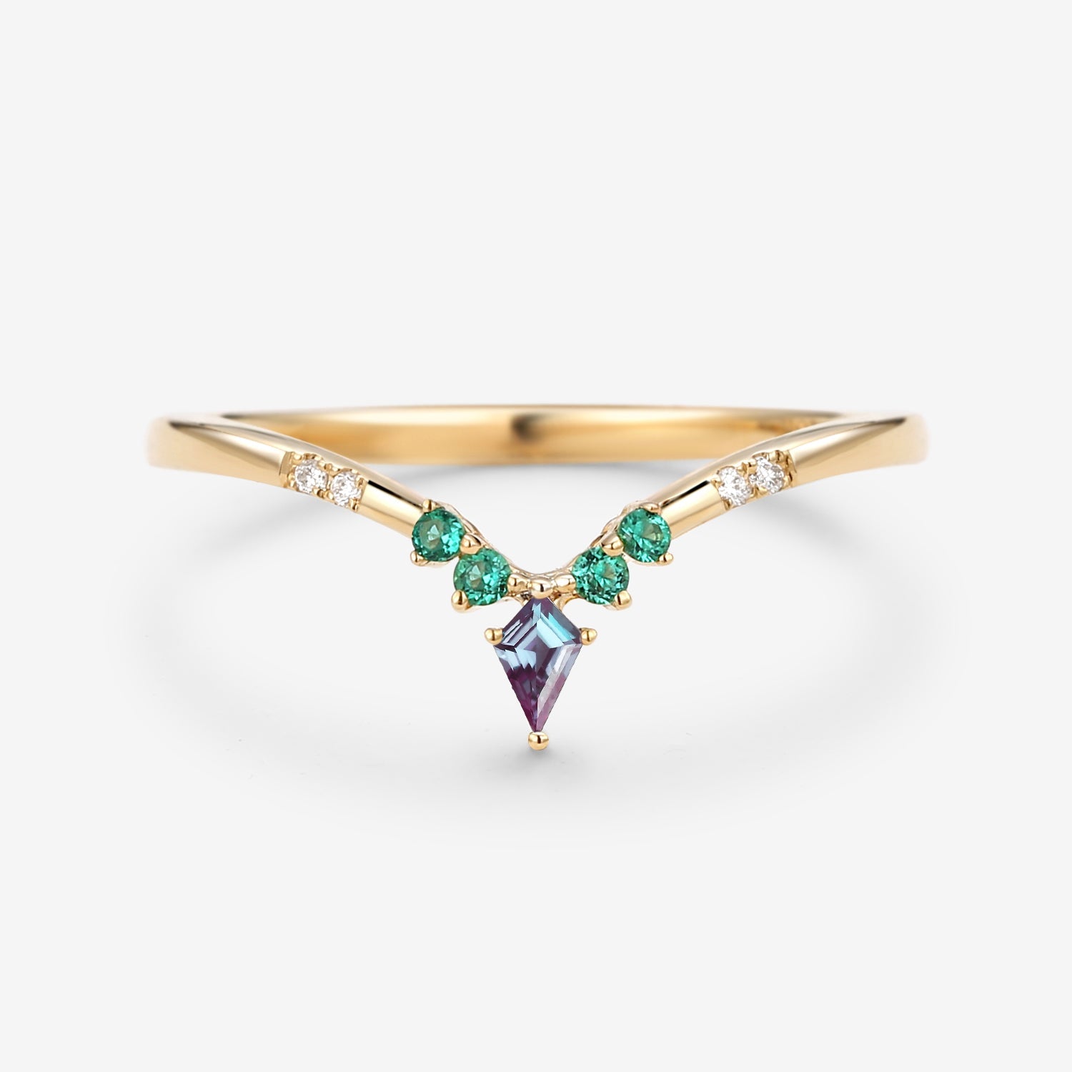 Alexandrite & Emerald & Moissanite  V Shaped Wedding Band