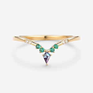 Alexandrite & Emerald & Moissanite  V Shaped Wedding Band