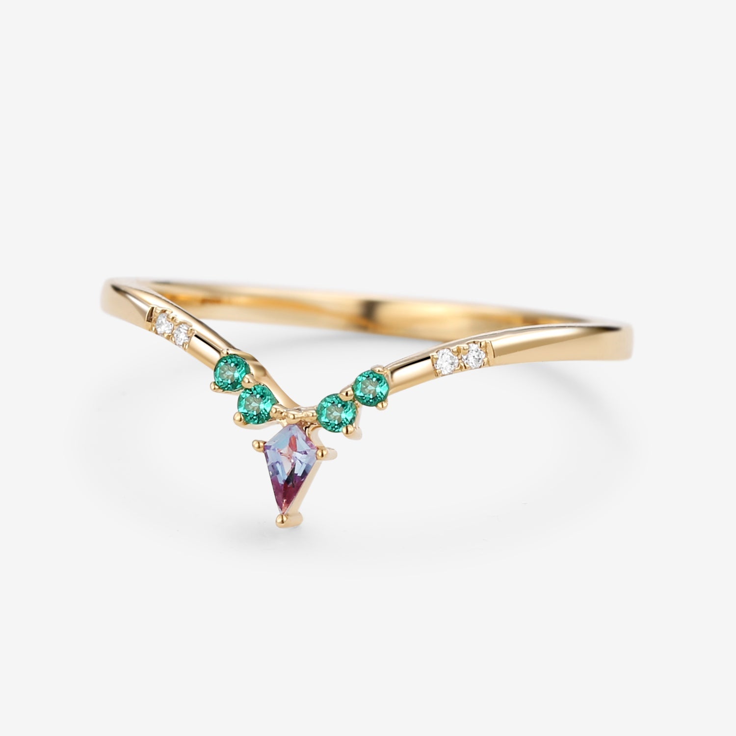 Alexandrite & Emerald & Moissanite  V Shaped Wedding Band
