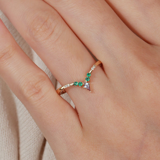 Alexandrite & Emerald & Moissanite  V Shaped Wedding Band