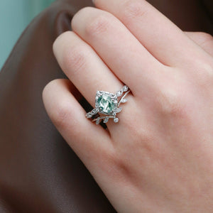 Oval Moss Agate & Moissanite Floral Ring Set 2pcs