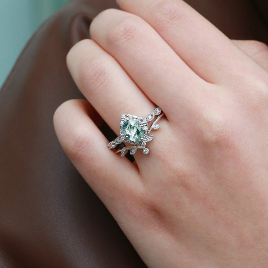 Oval Moss Agate & Moissanite Floral Ring Set 2pcs