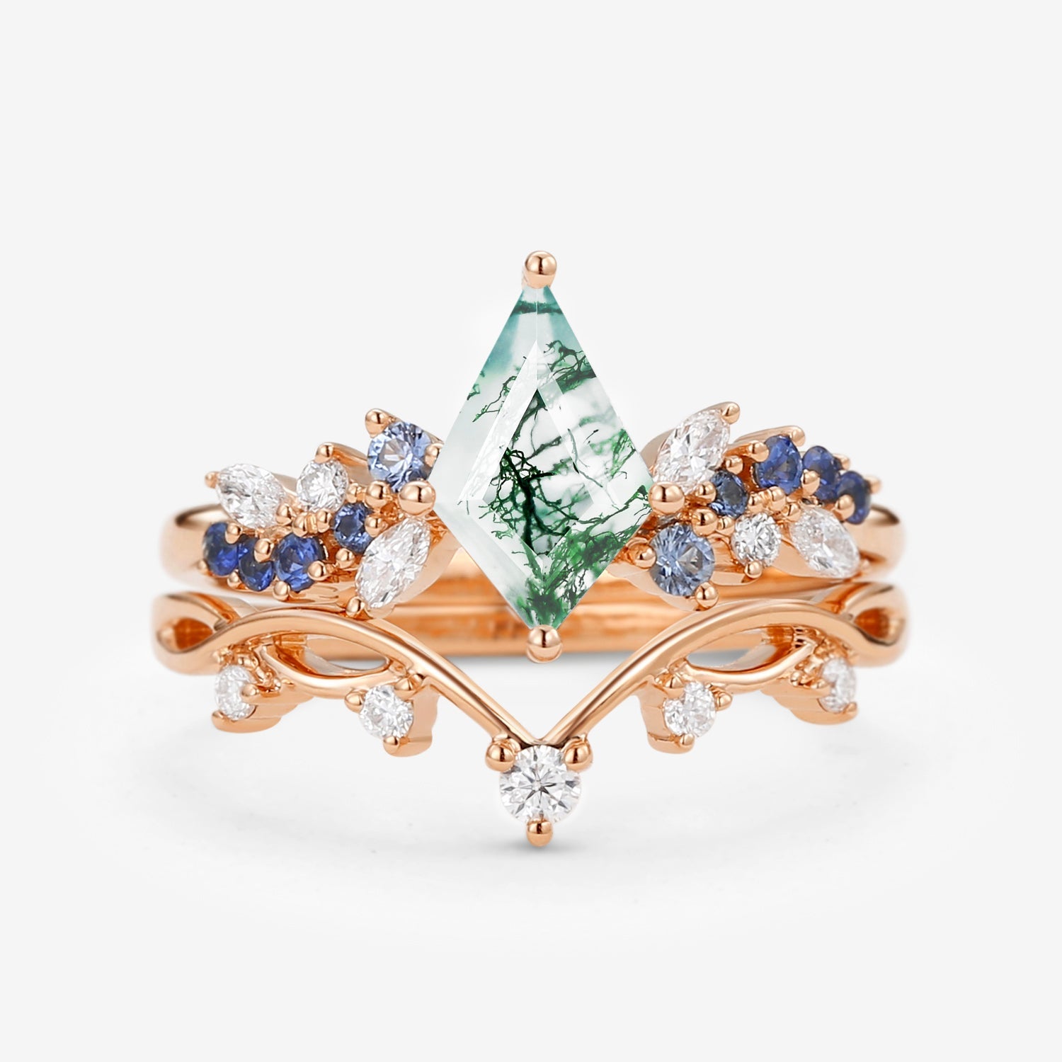 Kite Cut Moss Agate & Gradient Sapphire Engagement Ring Set 2pcs