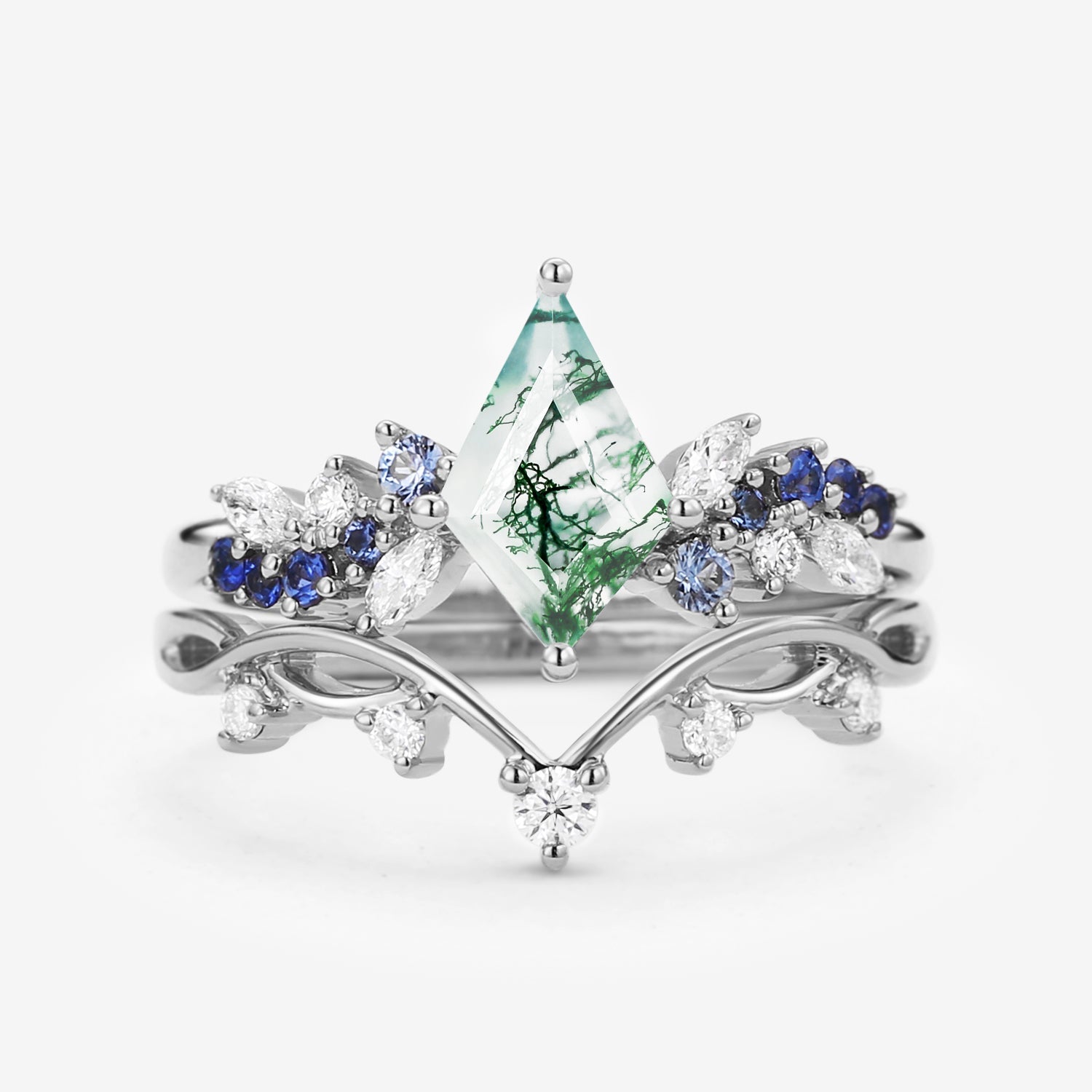 Kite Cut Moss Agate & Gradient Sapphire Engagement Ring Set 2pcs