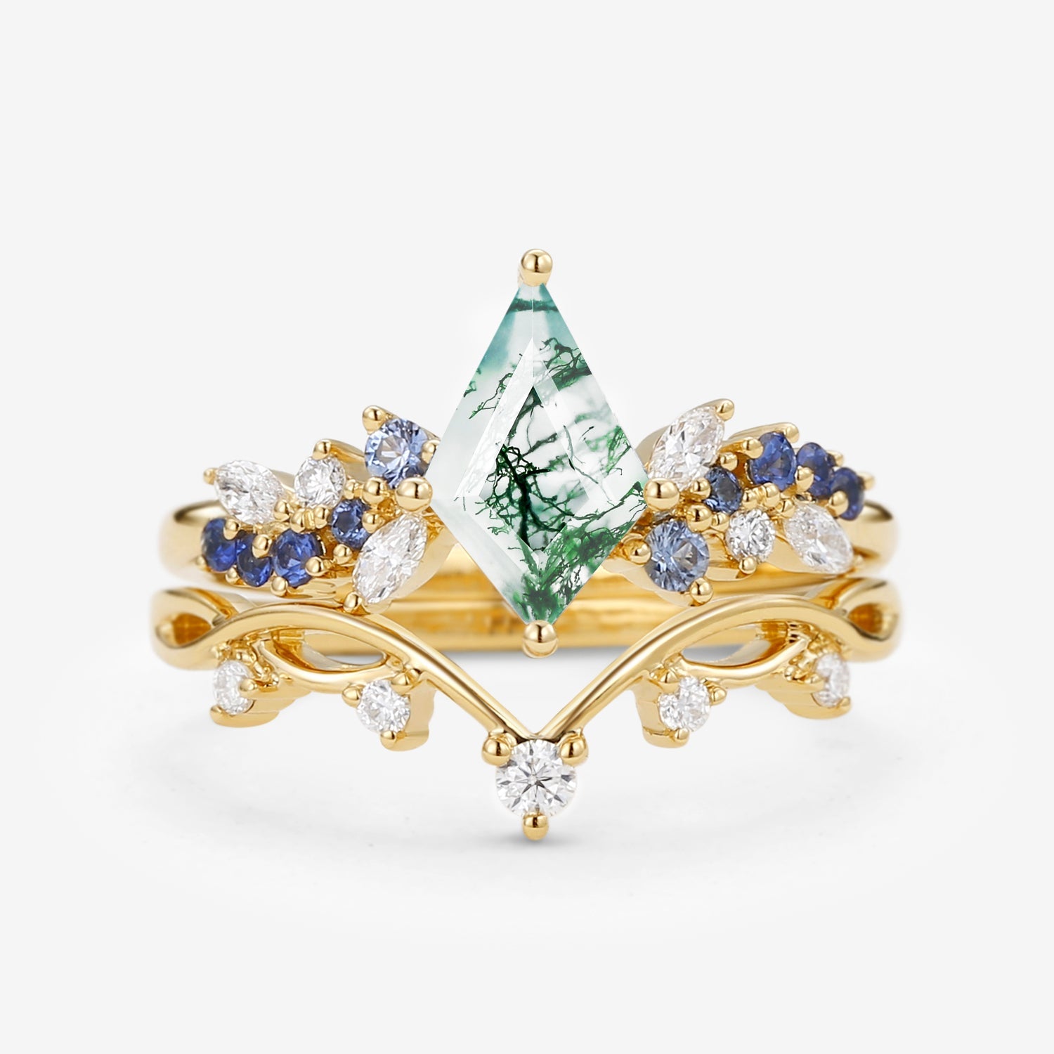 Kite Cut Moss Agate & Gradient Sapphire Engagement Ring Set 2pcs