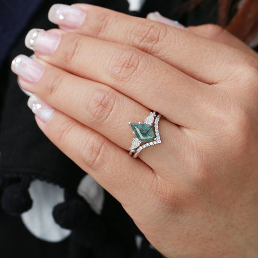Black Gold Kite Moss Agate Three Stones Engagement Ring Set 2pcs