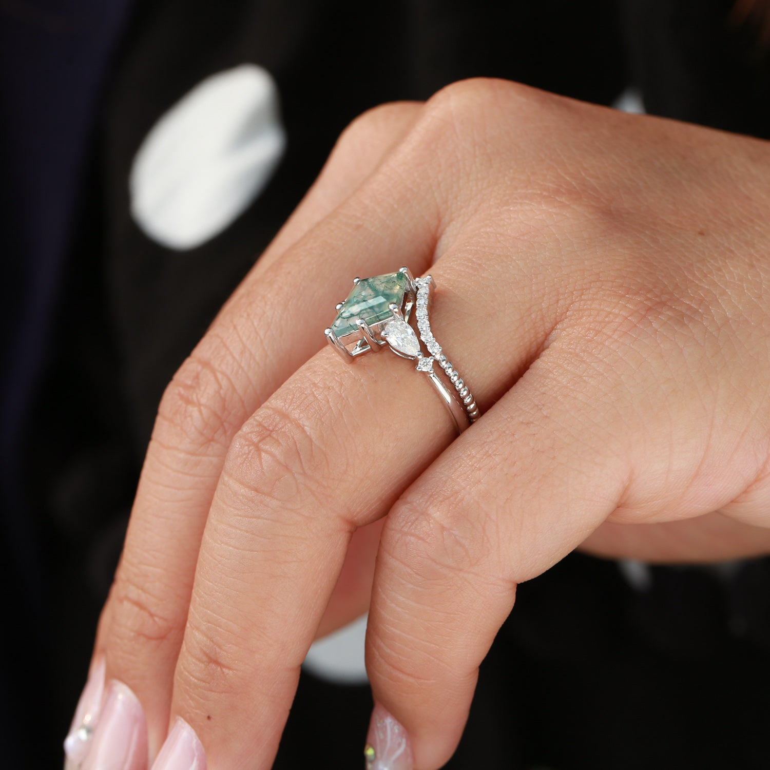 Kite Moss Agate Three Stones Engagement Ring Set 2pcs - Delilah