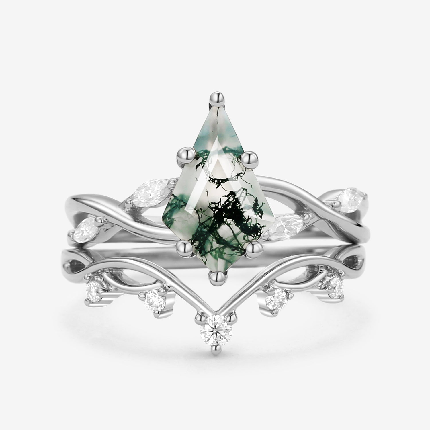 Unique Kite Cut Moss Agate Infinity Engagement Ring Sets 2pcs