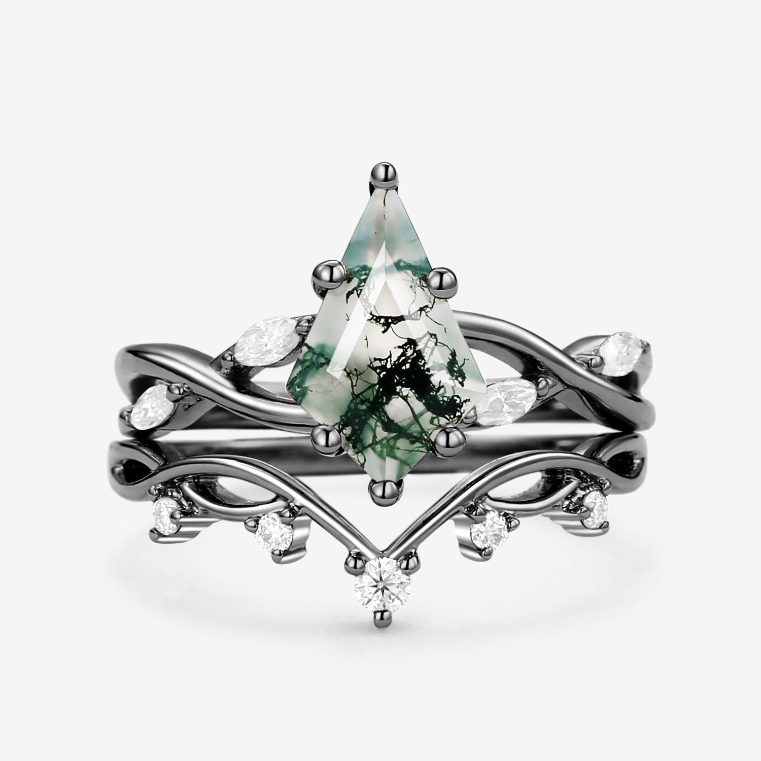 Unique Kite Cut Moss Agate Infinity Engagement Ring Sets 2pcs