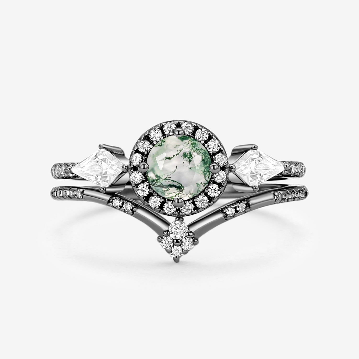 Round Shaped Moss Agate Halo Engagement Ring Sets 2pcs